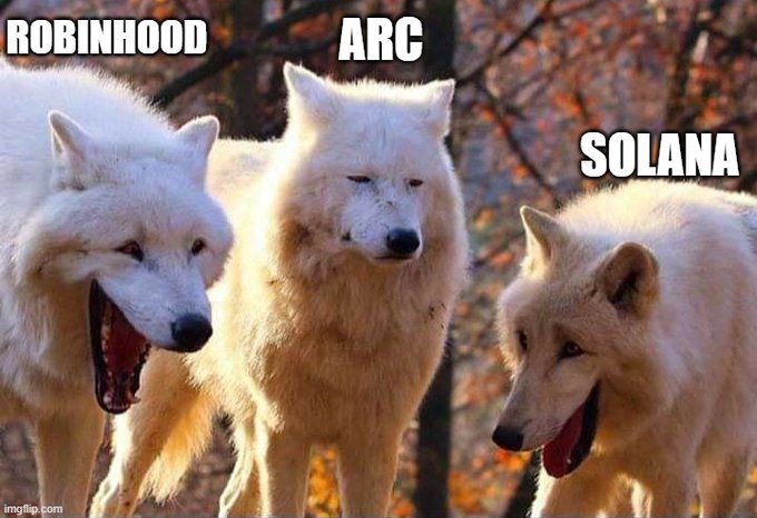 Three white wolves labeled 'ROBINHOOD', 'ARC', and 'SOLANA', with the middle wolf appearing weary or subdued while the others appear to be snarling.