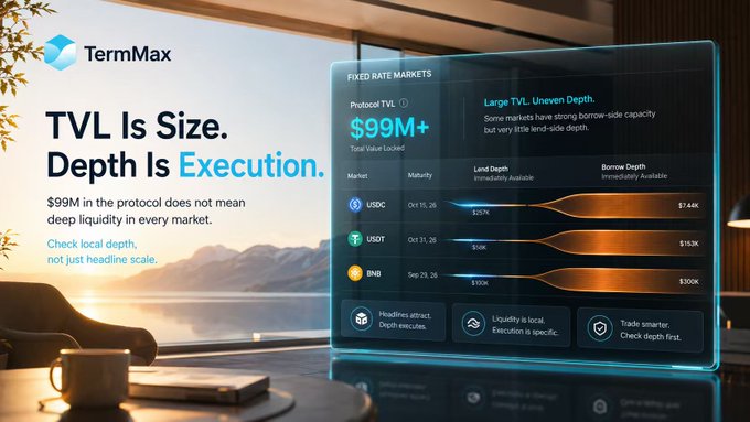 TermMax infographic titled "TVL Is Size. Depth Is Execution." highlighting that $99M+ protocol TVL does not guarantee deep liquidity, showing a dashboard of fixed-rate markets for USDC, USDT, and BNB with mismatched lend depth (~$25K-$130K) versus borrow depth ($74K-$300K) — visually reinforcing the post's point that headline TVL masks thin lend-side depth in specific bStocks markets.