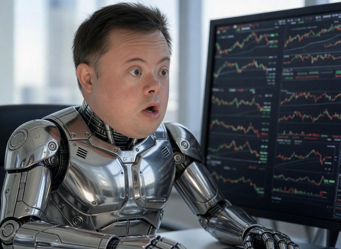 The image features a man dressed as a robot, sitting at a desk with computer equipment in front of him. The robot has a surprised expression on its face while looking at a computer monitor displaying stock market graphs. There are two stock charts visible on the screen, one above and one below the robot's head. The post caption reads: "$HOOD we programmed the AI agent to mimic your trading style".