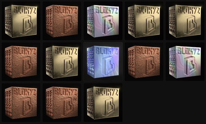 A grid of 3D cubes displaying the 'BLOKYZ' logo in various metallic and textured finishes, including gold, copper, and holographic surfaces.