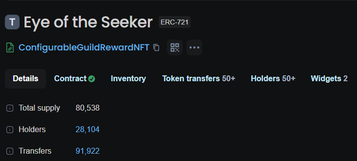 A screenshot of an Etherscan-style token page for 'Eye of the Seeker' (ERC-721) titled ConfigurableGuildRewardNFT, showing a total supply of 80,538, 28,104 holders, and 91,922 transfers.