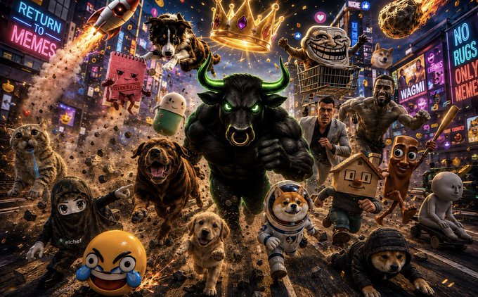 A chaotic, meme-filled cityscape features a muscular black bull with glowing green eyes charging forward alongside various internet memes, including the Doge, crying-laughing emoji, Shiba Inu in a spacesuit, a goat, and a troll face, with neon signs reading "RETURN TO MEMES" and "NO RUGS ONLY MEMES" lighting up the skyline. The image ties into the post's hype for $ANSEM's launch by blending classic crypto memes and bullish imagery to evoke excitement and community energy around the upcoming token drop.