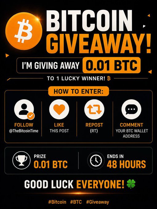 A promotional graphic for a "BITCOIN GIVEAWAY!" by @TheBitcoinTime, offering 0.01 BTC to one lucky winner who follows, likes, reposts, and comments with their BTC wallet address within 48 hours. The image visually reinforces the post's contest details with icons for each entry requirement and hashtags #Bitcoin, #BTC, and #Giveaway.