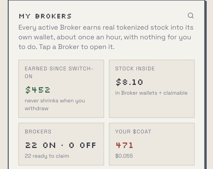 A dashboard interface titled 'MY BROKERS' showing $452 earned, $3.10 stock inside, 22 brokers on, and a $COAT cost of 471.