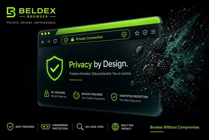 Advertisement for 'BELDEX BROWSER' featuring the tagline 'PRIVATE. SECURE. UNTRACEABLE.' and 'Privacy by Design.', highlighting features like anti-tracking, fingerprint protection, no logs, and encrypted protection, set against a dark background with an asteroid belt.