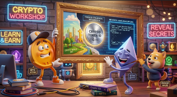 A vibrant 3D-rendered illustration of a 'CRYPTO WORKSHOP' where anthropomorphic coin characters, an Ethereum mascot, and a Dogecoin figure gather around a screen displaying a crypto token ID.