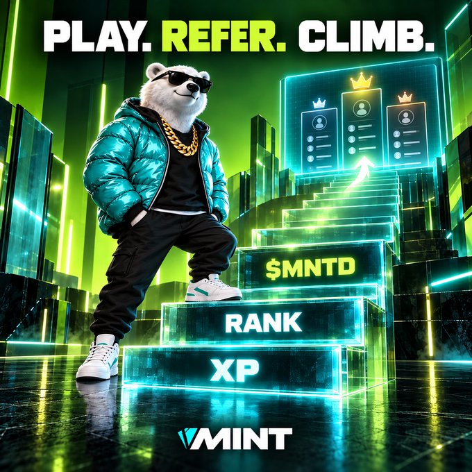 A promotional graphic for 'MINT' featuring a bear character in sunglasses and a teal jacket standing on glowing stairs labeled 'XP' and 'RANK', with the text 'PLAY. REFER. CLIMB.' at the top.