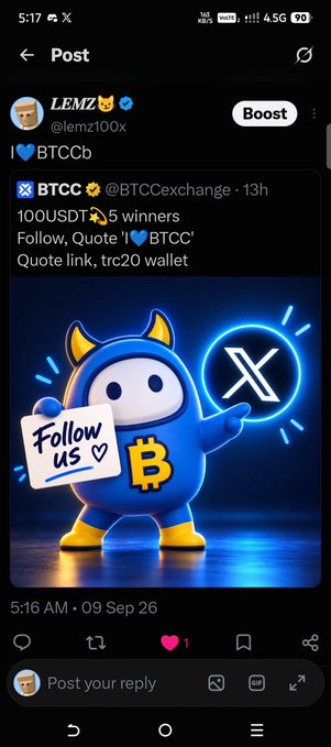 A screenshot of an X (Twitter) post by 'LEMZ' (@lemz100x) boosting a 'BTCC' (@B TCCexchange) giveaway of 100 USDT to 5 winners, featuring a cartoon Bitcoin mascot holding a 'Follow us' sign.