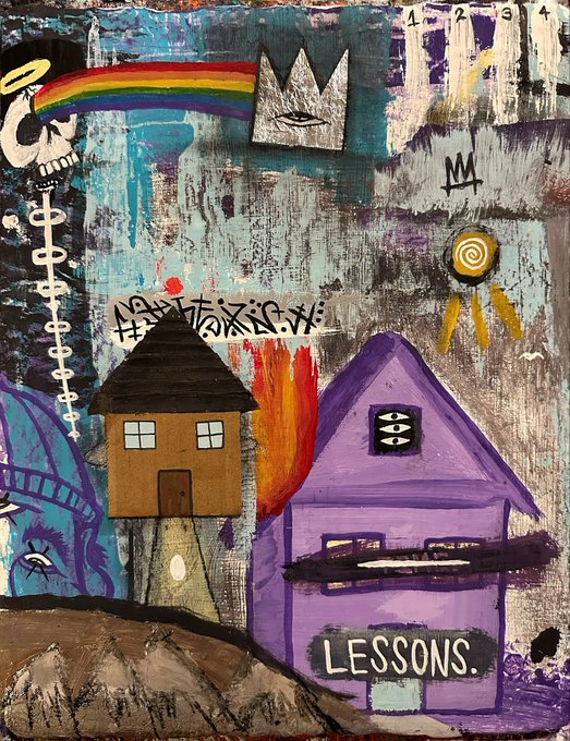 A vibrant, graffiti-style painting features a purple house with the word "LESSONS." prominently displayed, a smaller brown house, a rainbow, a crown, and the numbers "1 2 3 4" at the top. The mixed-media artwork, with its expressive brushstrokes and eclectic symbols, complements the "good morning" greeting by evoking a sense of creative awakening and reflection.
