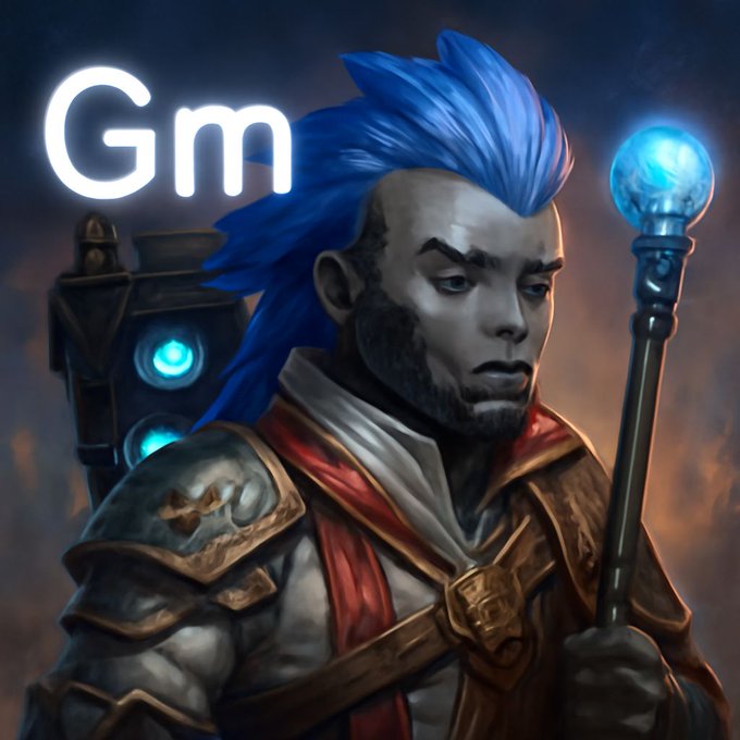 Digital artwork of a blue-haired warrior character holding a glowing blue staff, with the text "Gm" (Good morning) displayed in the upper left.