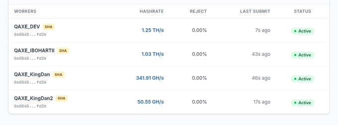 A mining dashboard showing four workers (QAXE_DEV, QAXE_IBOHARTII, QAXE_KingDan, QAXE_KingDan2) all marked SHA with 0.00% reject rate, though hash rates vary from 1.25 TH/s to 50.55 GH/s, all showing Active status.