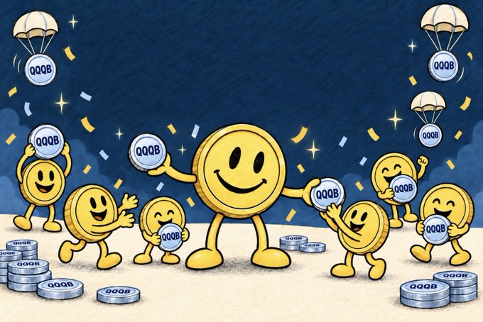 A group of cheerful gold coin characters labeled "QQQB" celebrate as airdrops parachute down from a starry sky, with a central smiling coin holding up a "QQQB" token, visually matching the post about 280 QQQB tokens being airdropped to $STONKS holders.