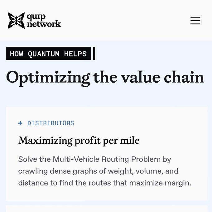 A webpage from Quip Network with a header reading 'HOW QUANTUM HELPS' and a section titled 'Optimizing the value chain,' featuring a subsection for Distributors about 'Maximizing profit per mile' by solving the Multi-Vehicle Routing Problem.