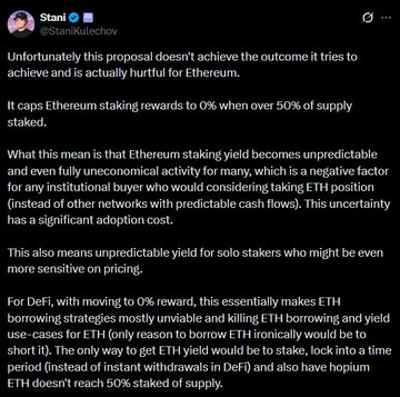 A tweet from Stani (@StaniKulechov) of Aave criticizing a proposed Ethereum staking mechanism that would burn validator rewards, making ETH staking yield unpredictable and potentially zero when over 50% of supply is staked, which would negatively impact DeFi borrowing strategies.