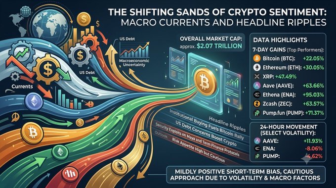 An infographic titled 'THE SHIFTING SANDS OF CRYPTO SENTIMENT: MACRO CURRENTS AND HEADLINE RIPPLES' displaying an overall market cap of ~$2.07 TRILLION, with 7-day gains for BTC (+22.05%), ETH (+30.05%), XRP (+47.49%), AAVE (+63.66%), ENA (+95.03%), ZEC (+63.57%), and PUMP (+71.37%), noting a mildly positive short-term bias.