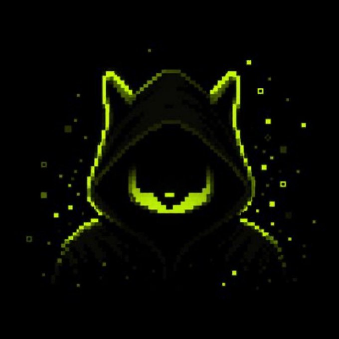 A pixel-art illustration of a hooded figure with glowing green eyes and pointed ears, surrounded by floating green particles on a black background, accompanying a giveaway announcement for a free mint NFT collection called "3 GTD" with Robinhood-listed status.