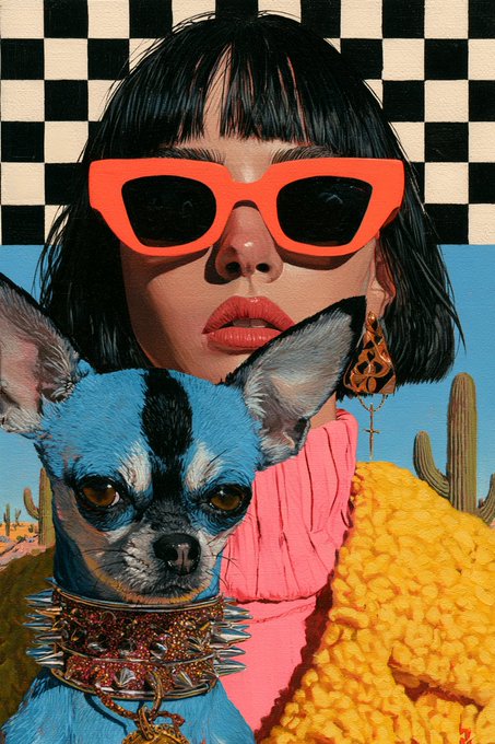 A woman in bold red cat-eye sunglasses holds a small blue chihuahua wearing a jeweled spiked collar, set against a checkered background with desert cacti. The vibrant, retro-style portrait complements the cheerful "Good Morning" greeting with its pop-art flair and stylish, upbeat energy.