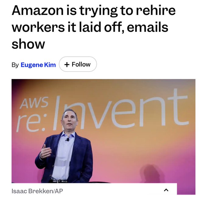 A news headline reads 'Amazon is trying to rehire workers it laid off, emails show' by Eugene Kim, featuring an image of a man speaking at the AWS re:Invent event.