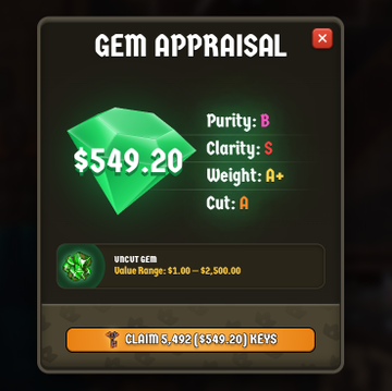 Screenshot of a 'Gem Appraisal' screen showing a green gem valued at $549.20 with attributes Purity: B, Clarity: S, Weight: A+, Cut: A, and a claim button for 5,492 keys.
