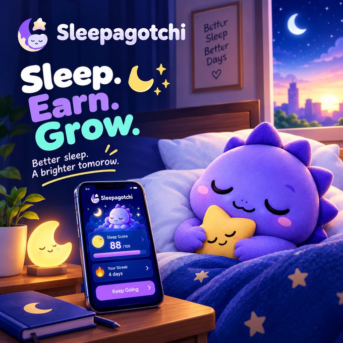 A promotional graphic for "Sleepagotchi" featuring a purple sun-shaped character sleeping on a bed hugging a star pillow, with text "Sleep. Earn. Grow." and "Better sleep. A brighter tomorrow," alongside a smartphone displaying a Sleep Score of 88/100 and a 4-day streak.