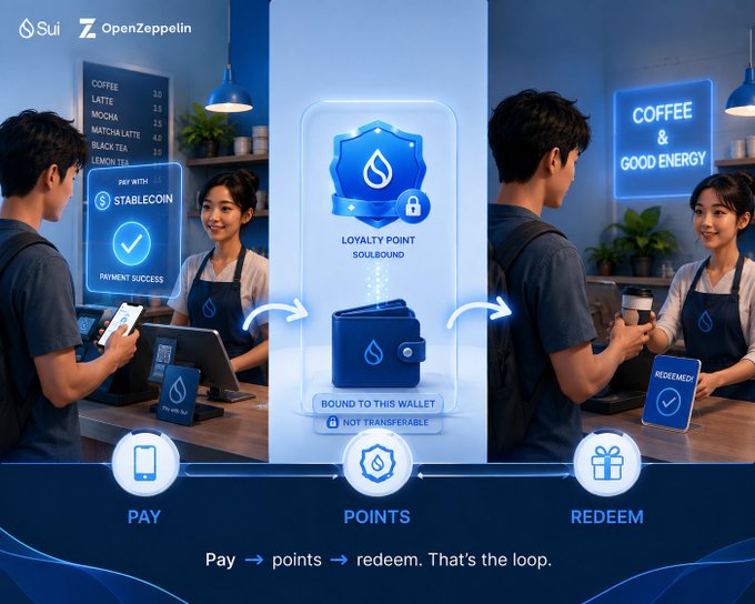 An infographic by Sui and OpenZeppelin illustrating a 'Pay -> points -> redeem' loop at a coffee shop using a digital loyalty point system on a blockchain, featuring SUI Stablecoin payments and soulbound, non-transferable loyalty points.
