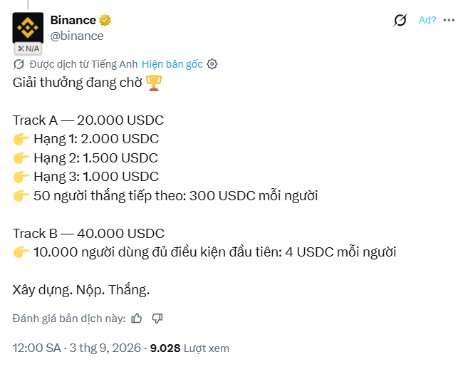 A Binance tweet in Vietnamese announcing a prize pool ('Giải thưởng đang chờ') with Track A offering 20,000 USDC and Track B offering 40,000 USDC in rewards.