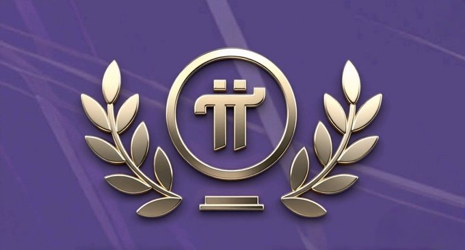 A gold Pi (π) cryptocurrency logo framed by laurel wreaths on a purple background, representing the Pi Network project.