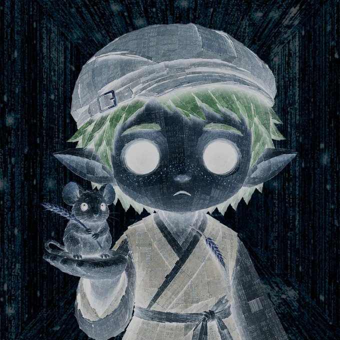 A dark, stylized digital illustration of an elf-like character with glowing white eyes, pointed ears, and a head covering, holding a small mouse in its hand.