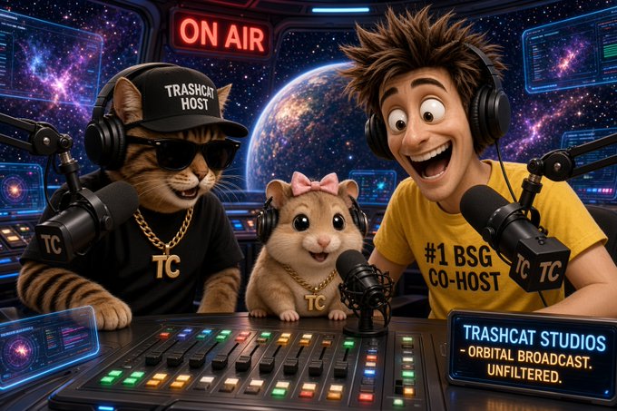 An AI-generated cartoon image depicting a podcast studio in space with a "TRASHCAT STUDIOS - ORBITAL BROADCAST UNFILTERED" sign. The scene features a cat wearing a "TRASHCAT HOST" cap and sunglasses, a smaller hamster-like character, and a human co-host wearing headphones and a yellow "#1 BSG CO-HOST" shirt, all behind an "ON AIR" sign.