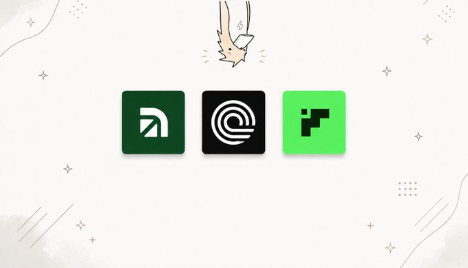 Three app icons displayed on a light background with a small bird illustration at the top - a dark green logo, a black @ symbol logo, and a bright green pixel-art logo.