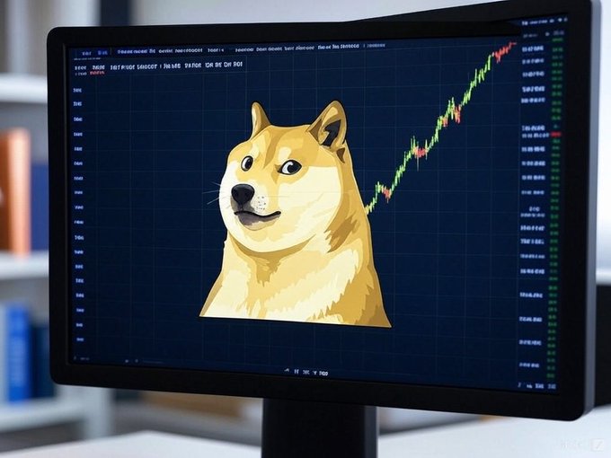 A computer monitor with a cartoon dog graphic sitting at the top center of the screen displaying an upward trend graph, possibly related to Dogecoin or Bitcoin trends shown by the graph. The caption reads: "Dogecoin next bounce will be something no one has seen before."