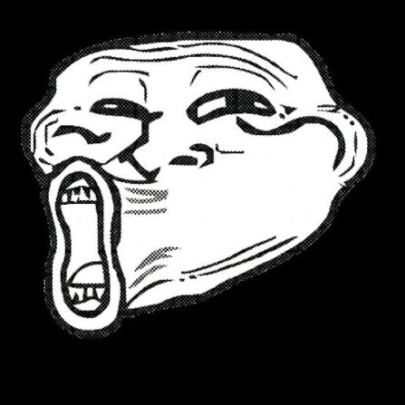 A black-and-white line drawing of the classic "Wojak" or "Soyjak" meme face, depicted with a wide-open, exaggerated screaming mouth and smug, narrowed eyes, conveying an expression of intense, mocking enthusiasm. The image visually amplifies the post's reference to "$TROLL," embodying the chaotic, ironic internet trolling energy associated with the meme.