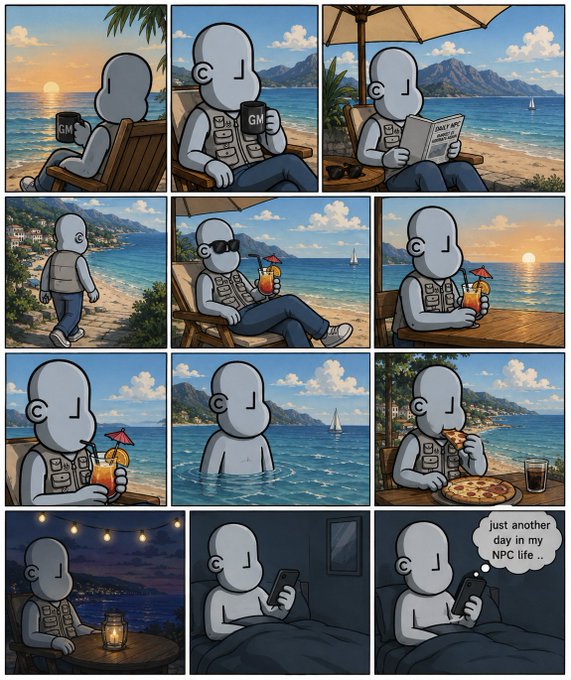 A comic strip showing a gray humanoid character in a gray vest enjoying a relaxing day at the beach with drinks and pizza, ending in bed with the thought 'just another day in my NPC life...'