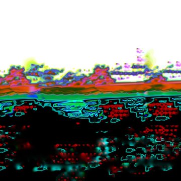 An abstract digital artwork featuring pixelated, distorted patterns in red, teal, and green with a horizontal dividing line across the middle.
