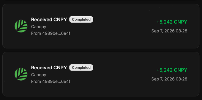 A digital wallet transaction history showing two completed 'Received CNPY' entries from Canopy on Sep 7, 2026, each for +5,242 CNPY.