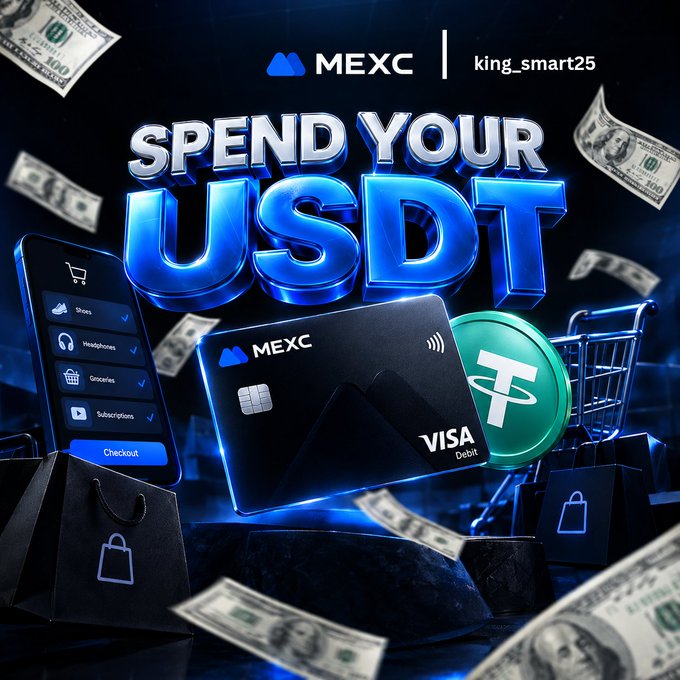 A promotional graphic for MEXC features the text 'SPEND YOUR USDT' alongside images of a MEXC Visa Debit card, a Tether coin, a shopping cart, and a smartphone checkout screen.