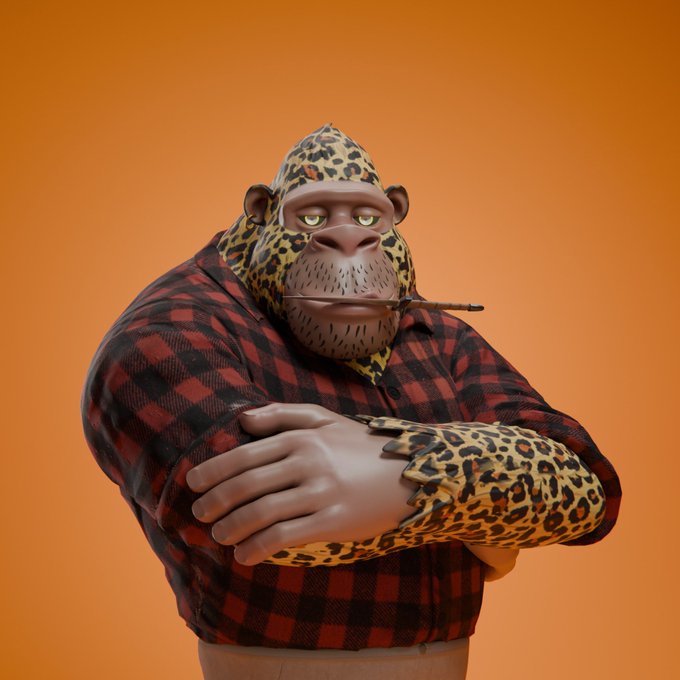 A 3D-rendered illustration of a gorilla wearing a leopard-print hoodie and a red-and-black plaid flannel shirt, holding a cigarette in its mouth against an orange background.