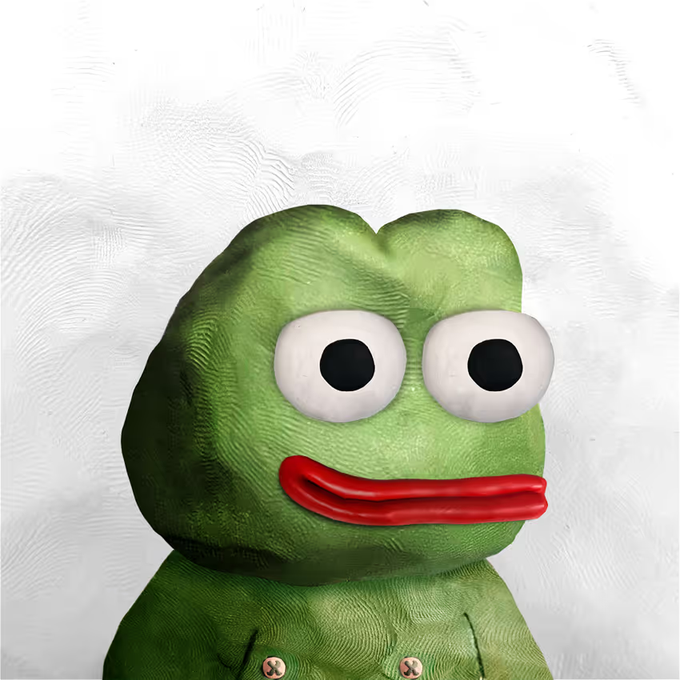 A 3D rendering of the popular green Pepe the Frog meme character with large white eyes and red lips against a textured gray background.