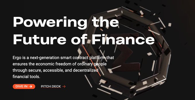 A promotional banner for Ergo blockchain reading 'Powering the Future of Finance' with the text 'Ergo is a next-generation smart contract platform that ensures the economic freedom of ordinary people through secure, accessible, and decentralized financial tools.'