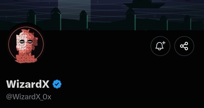 A Twitter/X profile page for 'WizardX' (@WizardX_0x) with a verified blue checkmark, featuring a red samurai-style avatar against a dark illustrated cityscape background.