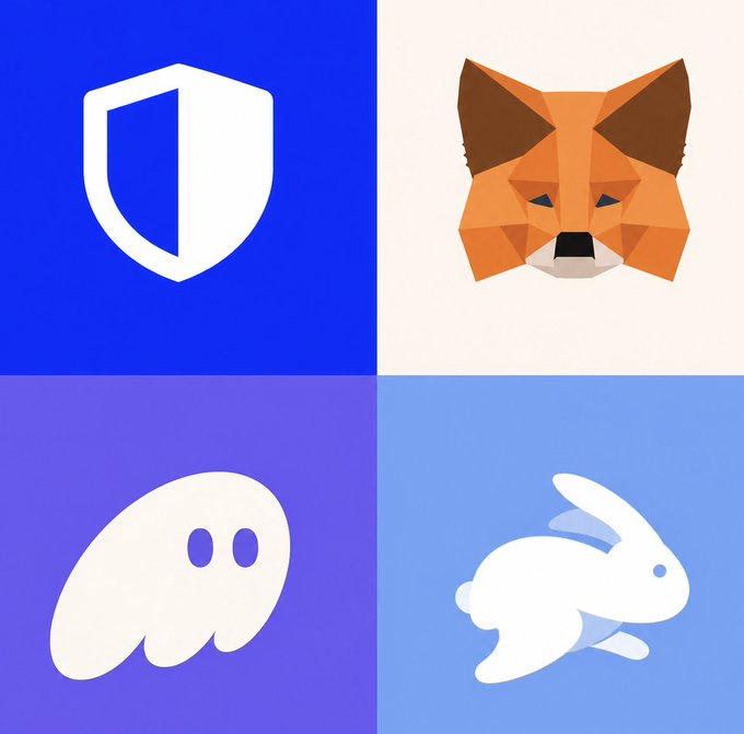 Four-panel illustrated logo collage featuring a blue and white shield, an orange geometric fox, a white ghost, and a white rabbit on pastel backgrounds.