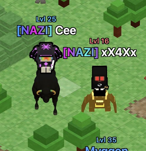 A screenshot from a voxel-based game showing two characters on mounts labeled '[NAZI] Cee' at Lvl 25 and '[NAZI] xX4Xx' at Lvl 16, with another player 'Myagon' at Lvl 35 visible below.