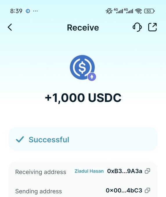 A screenshot of a crypto wallet app confirming a successful receipt of +1,000 USDC, showing a transaction from address 0x00...4bC3 to Ziadul Hasan's wallet (0xB3...9A3a), celebrating a Web3 success.