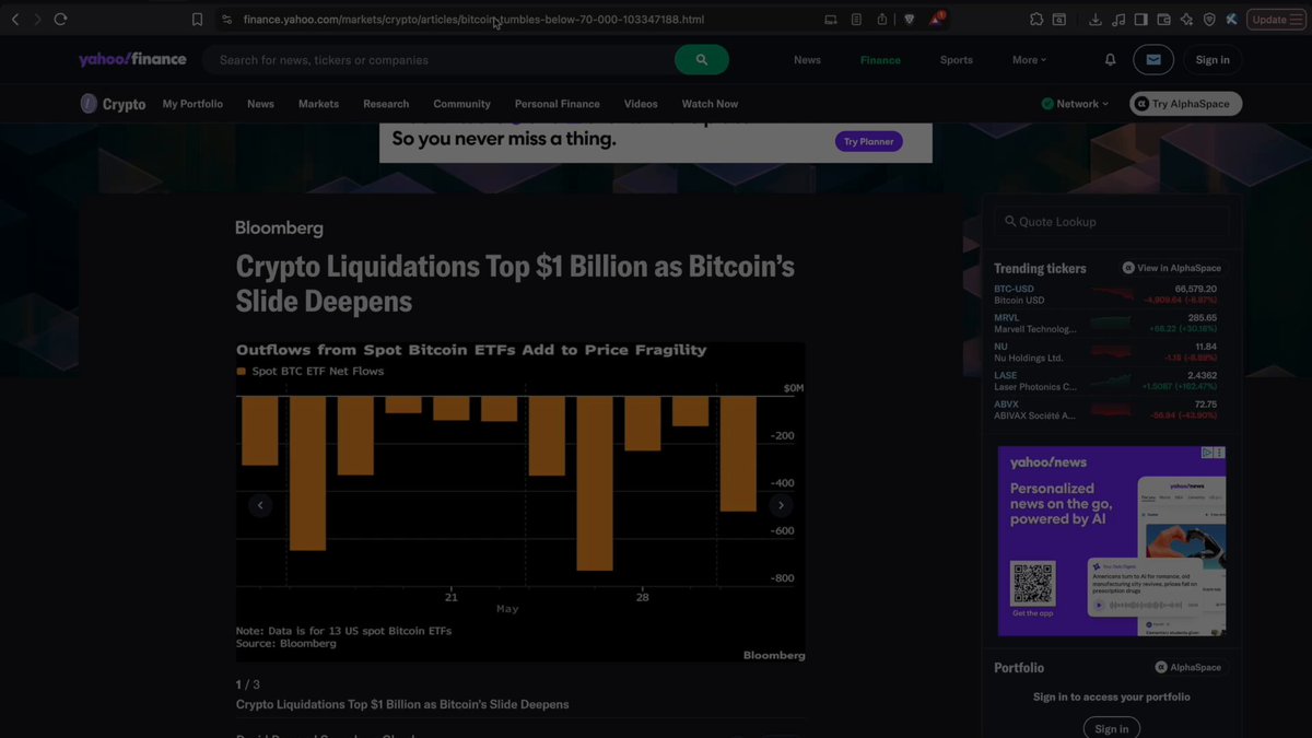 A screenshot of a computer screen displaying information about Bitcoin crashing, and an explanation that goes into detail about the reasons for this crash.