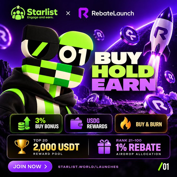 A promotional banner for a Starlist × RebateLaunch collaboration featuring a green checkered character and 'BUY HOLD EARN' text, offering a 3% Buy Bonus, USDG Rewards, Buy & Burn, a Top 20 2,000 USDT reward pool, and 1% Rebate Airdrop for ranks 21-100 at starlist.world/launches.