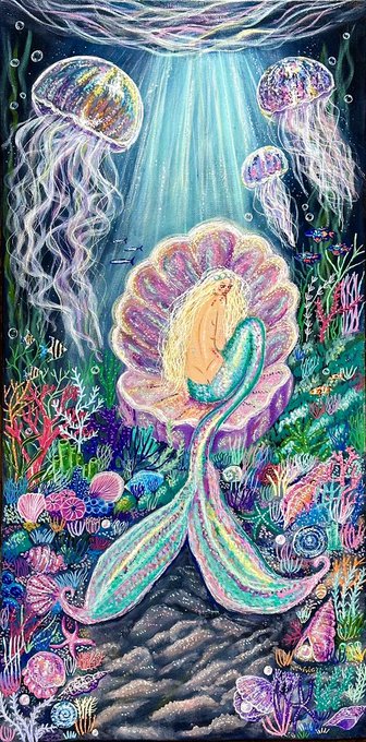 A vibrant fantasy painting depicting a mermaid inside a large pink clam shell, surrounded by glowing jellyfish and colorful coral reefs underwater.