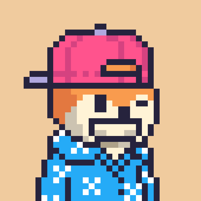 A pixel art portrait of a figure with orange hair wearing a pink helmet, dark sunglasses, and a blue patterned shirt, set against a peach background.