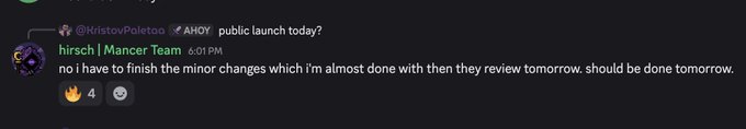 A Discord conversation where a user named @hristovPaleto asks 'AHOY public launch today?' and 'hirsch | Mancer Team' replies that they need to finish minor changes before the review tomorrow.