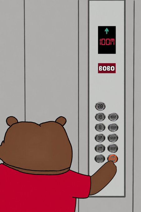 An illustration of a brown bear in a red shirt pressing the 'STOP' button on an elevator panel, with the digital display reading '100M' and a 'BOBO' label visible above the floor buttons.