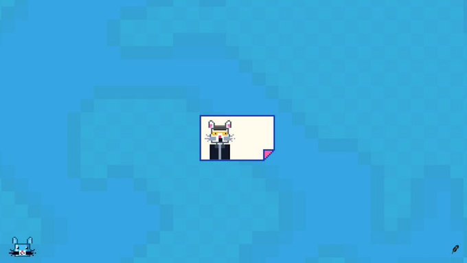 A pixel art scene showing a small character file icon in the center of a blue screen with a tiny ship visible in the bottom left corner.